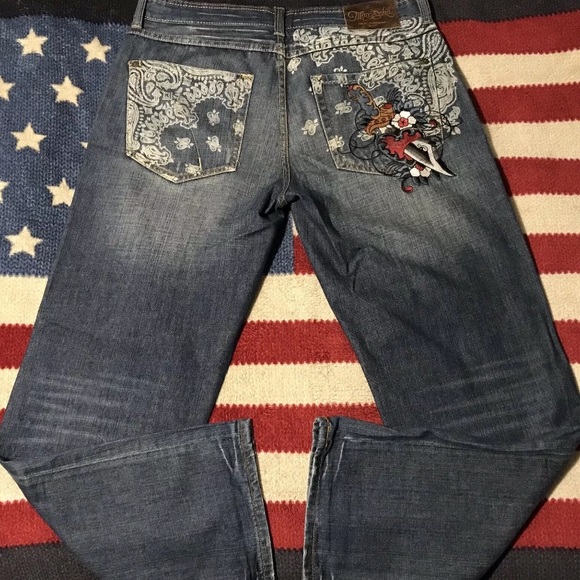 Vintage Marc Ecko Cut & Sew Skull Dagger Distressed Denim Jeans 34x32 P Wing Rlx - Picture 6 of 13